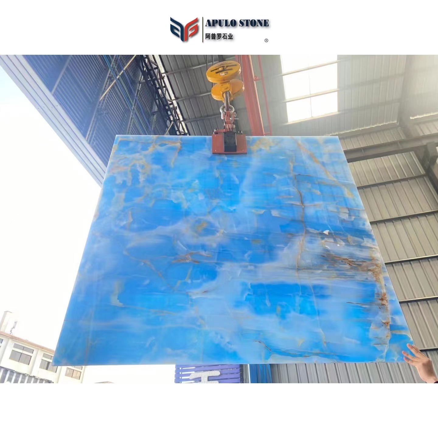 Sky blue marmor onyx bookmatch translucent blue onyx wall panel cladding decoration golden veins marble for wall